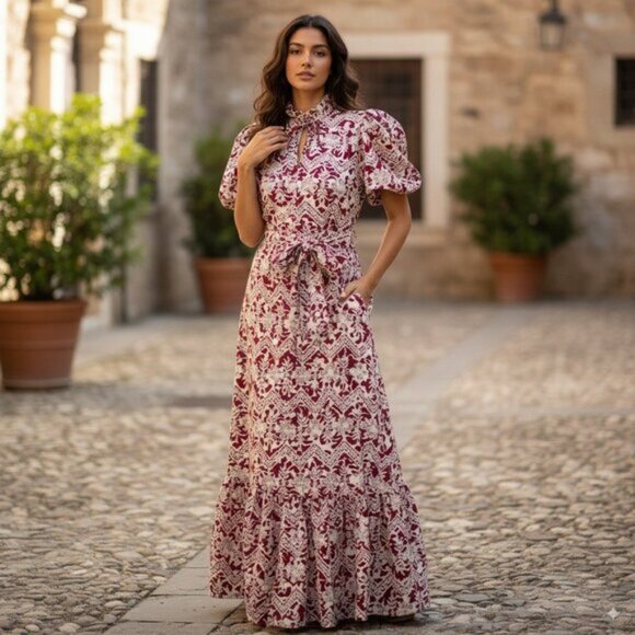 Elliatt Bray Embroidery Lace Maxi Dress Wine and White Multi - Picture 1 of 9